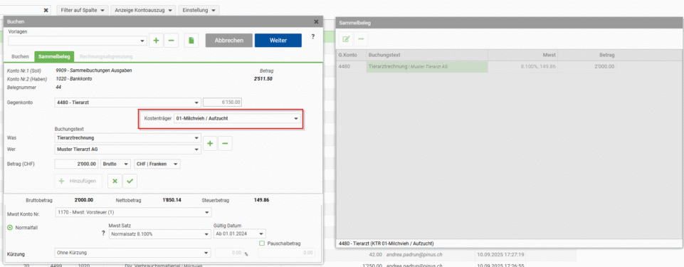 Kostenträgerzuweisung bei Sammelbelegbuchungen