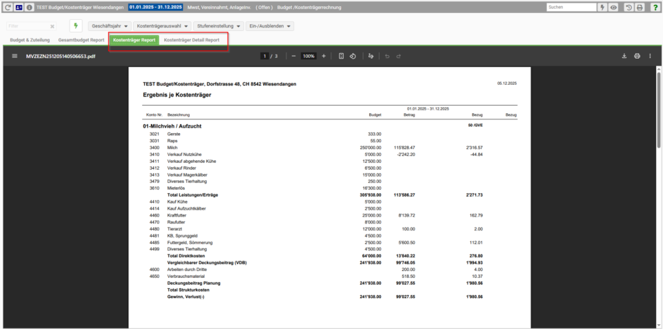 Kostenträger Report anzeigen