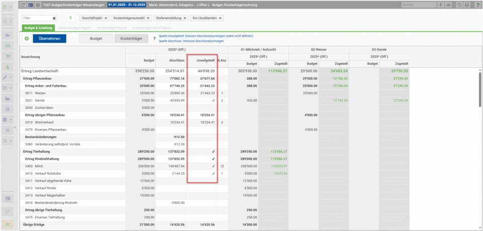 Unaufgeteilte Buchungen in der Kostenträgerübersicht