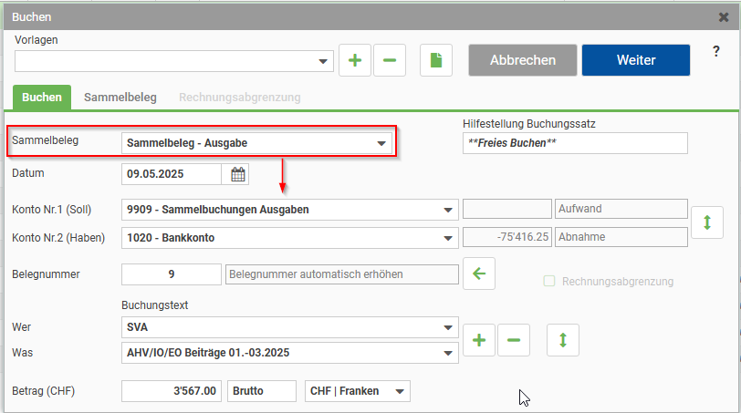 Wählen Sie ob es sich beim Sammelbeleg um Einnahmen oder Ausgaben handelt.