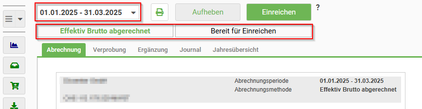 Wählen Sie die MWST-Periode aus um den Abrechnungs- / Einreichungsstand einzusehen.