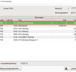 Buchungsbeleg Pinus Lohn - Abzug Verpflegung - ohne Angaben MWST