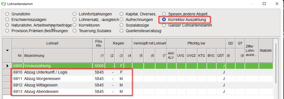 Auszug Lohnartenstamm - Abzüge Kost & Logis - Branchenlösung Landwirtschaft