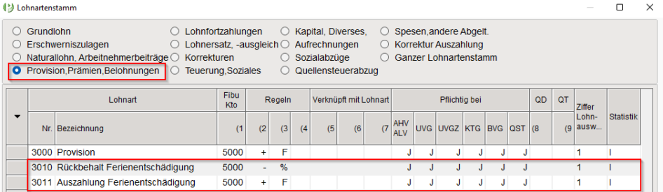 Lohnartenstamm - neue Lohnarten - Rückbehalt und Auszahlung Ferienentschädigung