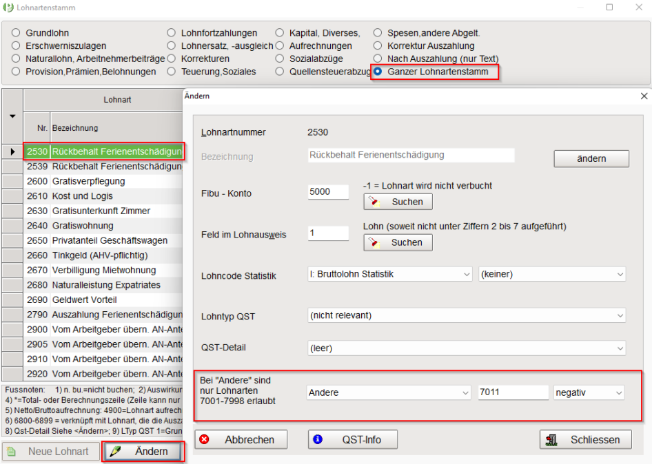 Einstellung Lohnart 2530 - Rückbehalt Ferienentschädigung
