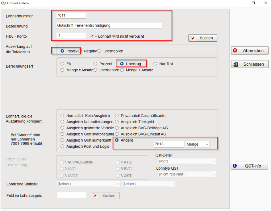 Einstellung Lohnart 7011 Gutschrift Ferienentschädigung