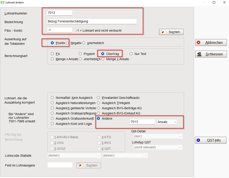 Einstellung Lohnart 7012 Bezug Ferienentschädigung