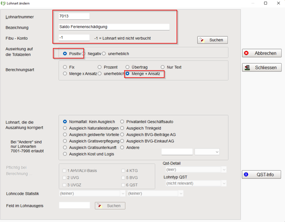 Einstellung Lohnart 7013 Saldo Ferienentschädigung