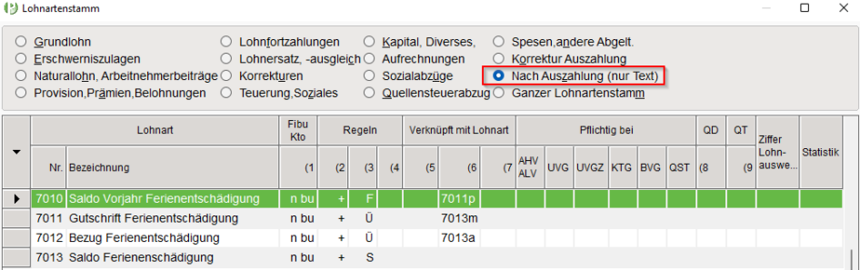 Lohnarten für Rückbehalt Ferienentschädigung