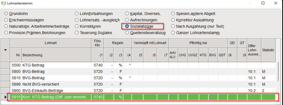 Lohnartenstamm Rubrik Sozialabzüge neue Lohnart